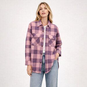 Aritzia Tna Womens XS Oversized Shirt Jacket Button Up Shacket Pink Plaid Cozy